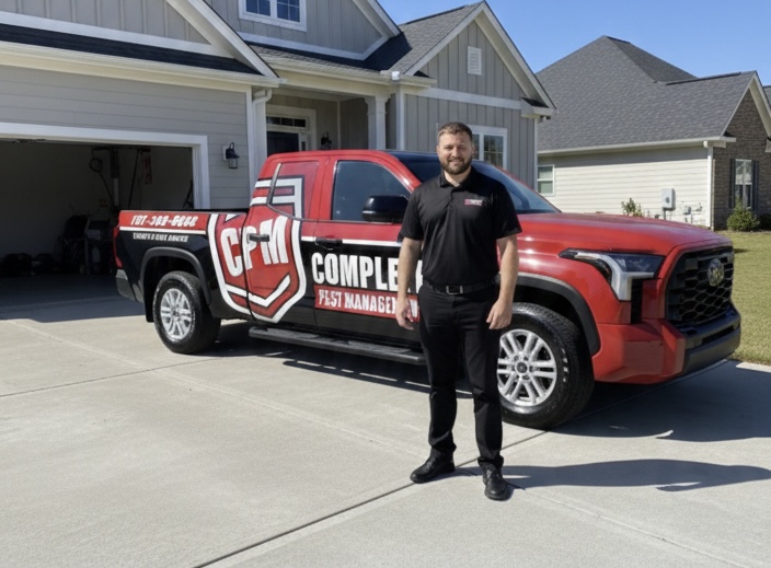 Evan standing next to the Complete Pest Management service truck at a customer's driveway