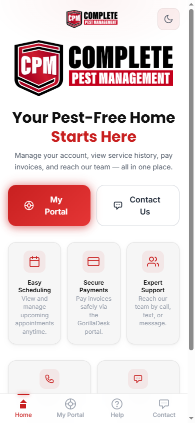 CPM Customer App home screen showing My Portal, Contact Us, Easy Scheduling, Secure Payments, and Expert Support